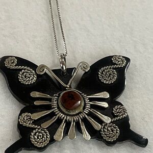 Southwestern Black and Silver Butterfly Pendant Necklace